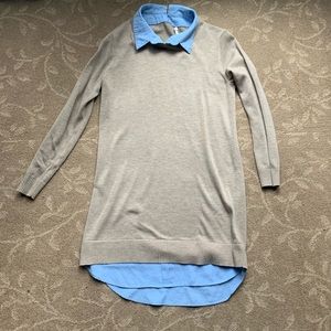 Tan dress with blue collar and bottom